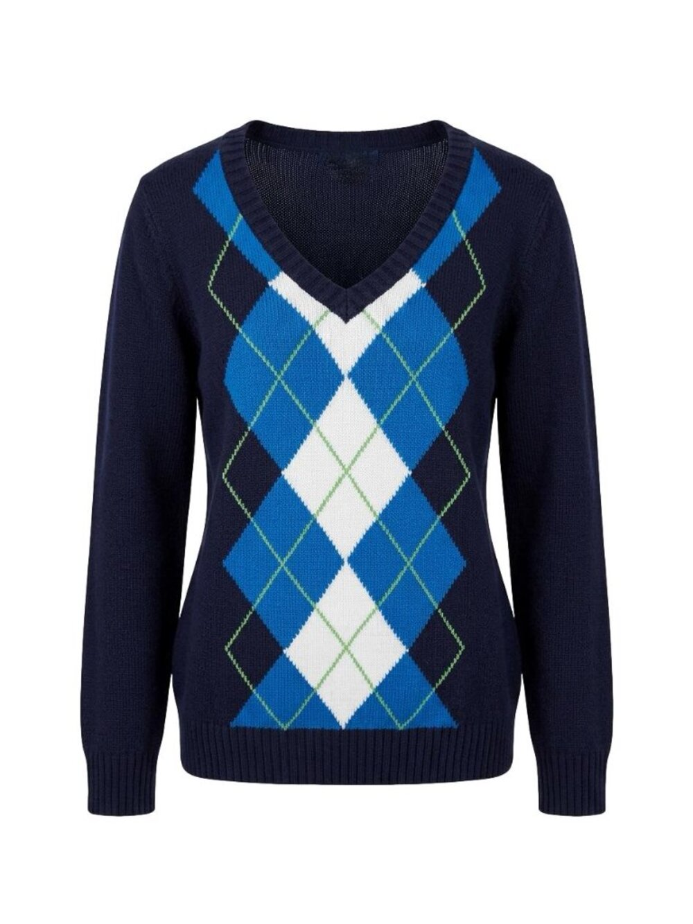 Vintage Navy Blue Argyle V-Neck Knit Sweater Preppy Academia Collegiate M L